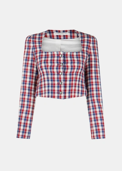 Alessandra Rich Cropped Checked Tweed Jacket In Blue-red