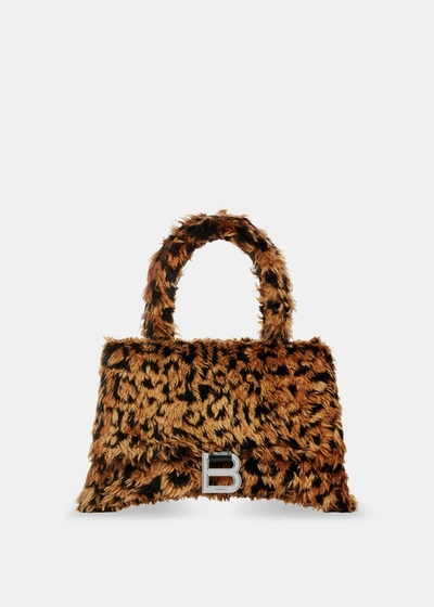 Balenciaga Women's Hourglass Small Handbag With Strap With Leopard Print In Beige Brown