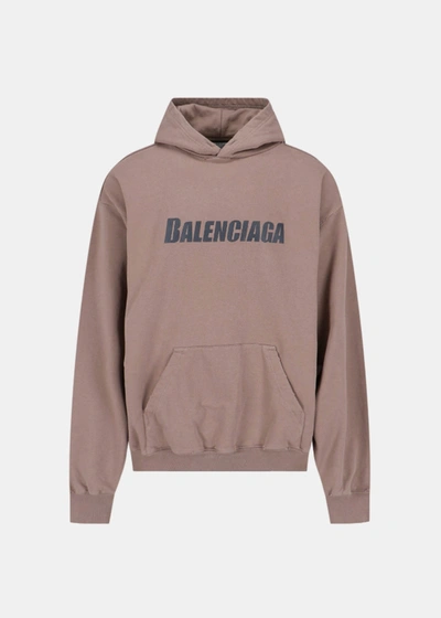 Balenciaga Logo Printed Distressed Hoodie In Taupe/black