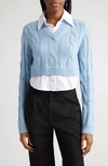 Staud Duke Crop Mixed Media Cable Knit Sweater In French Blue/ White