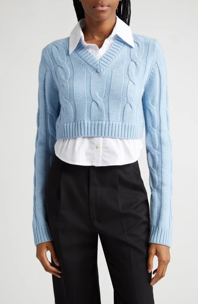 Staud Duke Crop Mixed Media Cable Knit Jumper In French Blue White