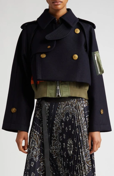 Sacai Wool Melton Mix Blouson In Blue | ModeSens
