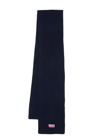 Kenzo Logo-patch Ribbed-knit Scarf In Blue