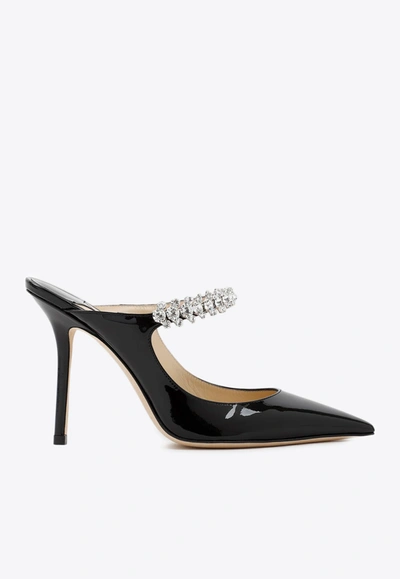 Jimmy Choo Bing 100 Black Patent Leather Mules With Crystal Strap
