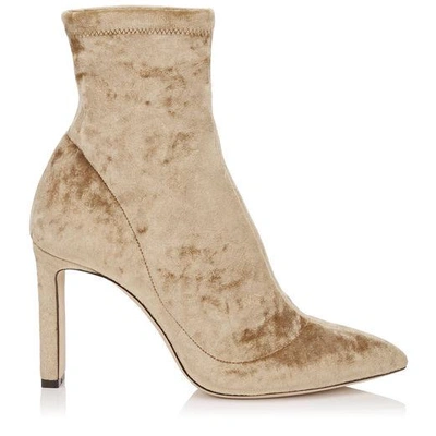 Jimmy Choo Louella 85 Crushed Stretch Velvet Point Toe Booties In Blonde