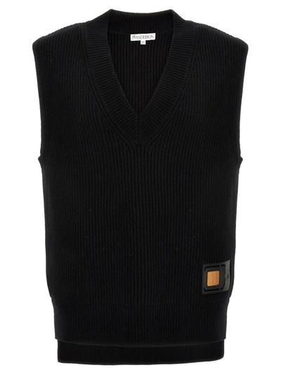 Jw Anderson Sim Card V-neck Merino Vest In Black