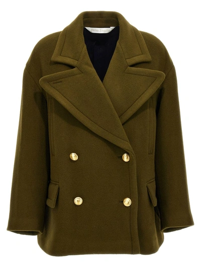 Palm Angels Palm-embroidery Double-breasted Coat In Green
