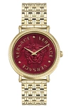 Versace V-dollar Bracelet Watch With Red Guilloche Dial In Gold