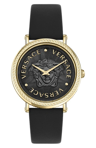 Versace Women's V-dollar Goldtone Stainless Steel & Leather Watch In Black