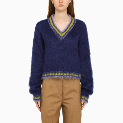 Marni Mohair Blend V Neck Crop Sweater In Royal