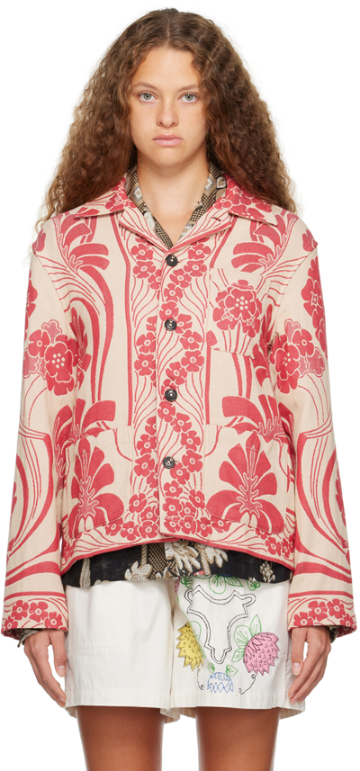 Bode Nouveau Monstera Jacquard Overshirt In Red Cream