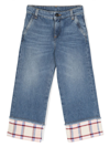 Palm Angels Girl's Check-print Trim Medium Wash Jeans In Blue
