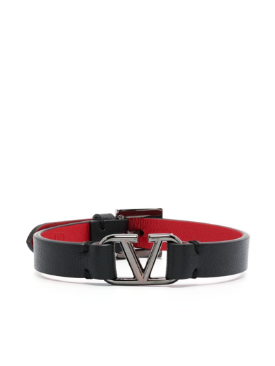 Valentino Garavani V Logo Bicolor Leather Belt Bracelet In Black,red