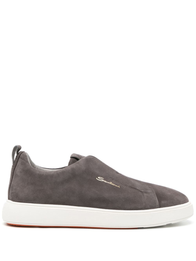 Santoni Logo-print Suede Sneakers In Grey