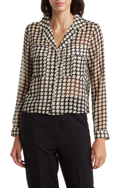 T Tahari Snake Print Long Sleeve Crop Blouse In Black/ Cream Geo