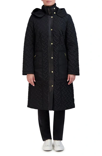 Cole Haan Signature Leather Trim Hooded Quilted Coat In Black
