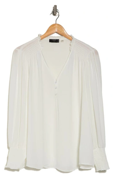 T Tahari Notched Neck Long Smocked Sleeve Ruffle Blouse In White