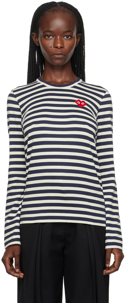 Comme Des Garçons Play Navy & White Invader Edition Heart Long Sleeve T-shirt In Navy/white