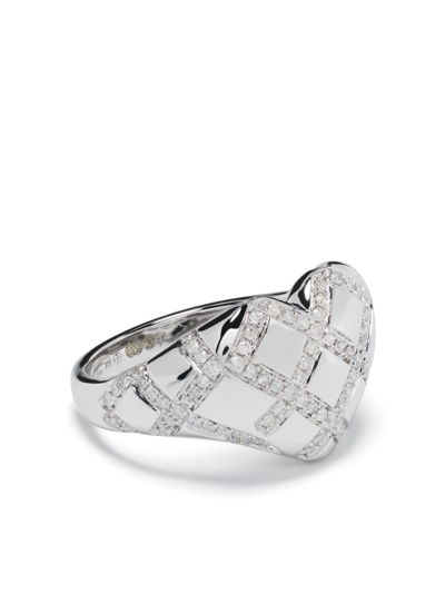 Yvonne Léon 9k White Gold Chevalier Coeur Croisillions Diamond Ring In Silver