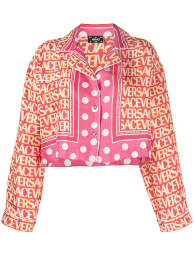 Versace Allover Cropped Silk Shirt In Pink