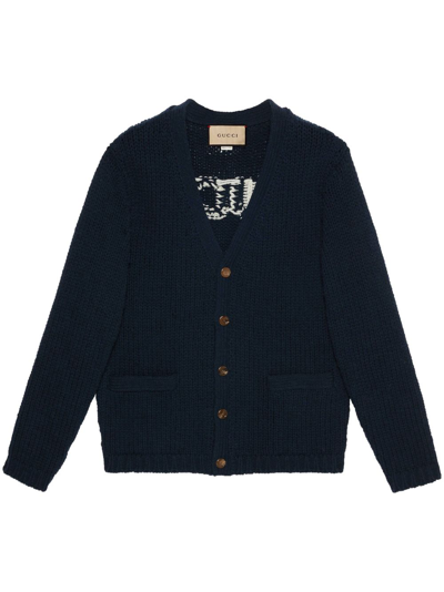 Gucci Intarsia-knit Logo Wool Cardigan In Blue