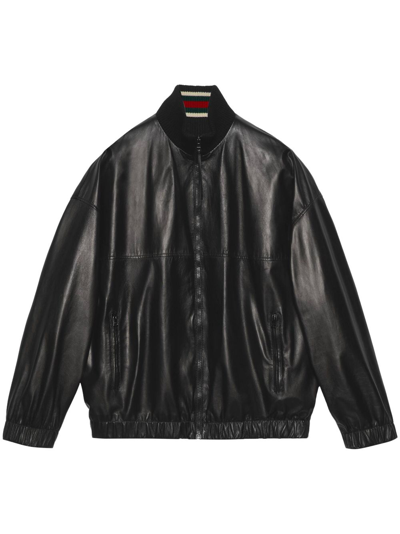 Gucci Leather Bomber Jacket In Schwarz