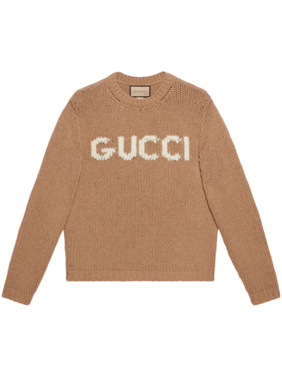 Gucci Logo-jacquard Wool Crew-neck Jumper In Camel,ivory