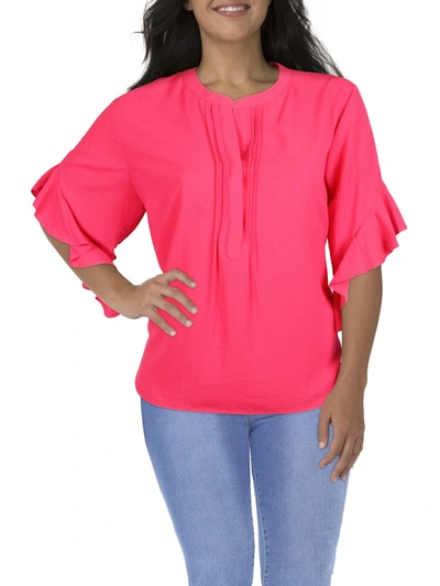 Vince Camuto Plus Womens Split Neck Ruffled Henley In Pink
