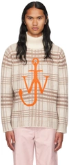 JW ANDERSON OFF-WHITE & BROWN CHECK TURTLENECK