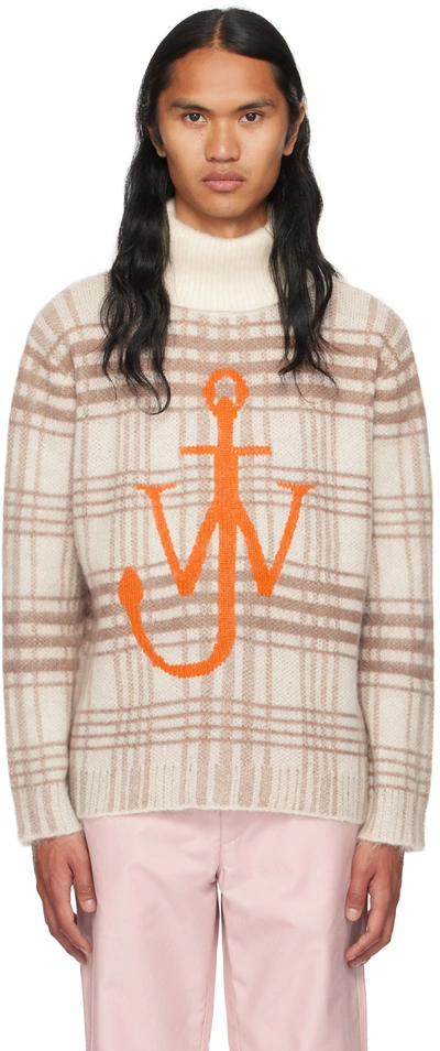 JW ANDERSON OFF-WHITE & BROWN CHECK TURTLENECK