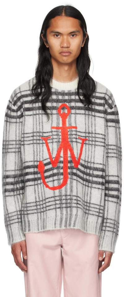 Jw Anderson Classic Plaid Knit Jersey With Bold Anchor Logo In Gray
