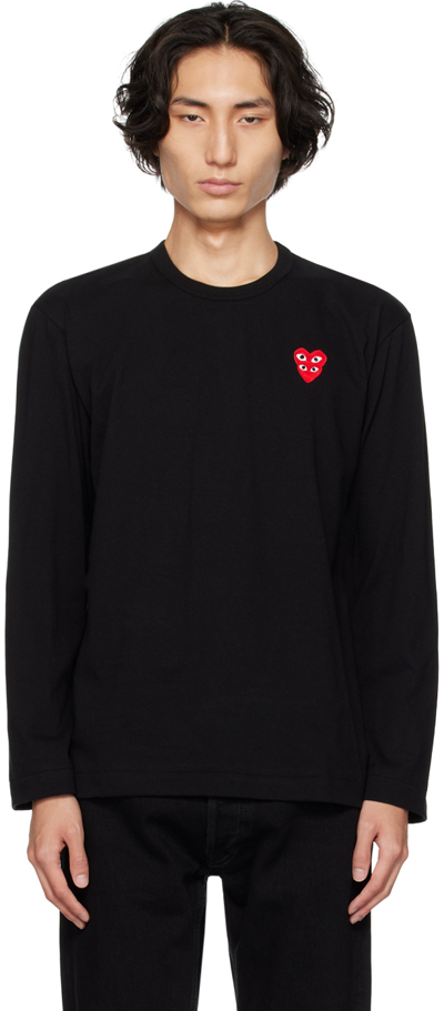 Comme Des Garçons Play Double Red Heart Long Sleeved T-shirt In Blac In Black