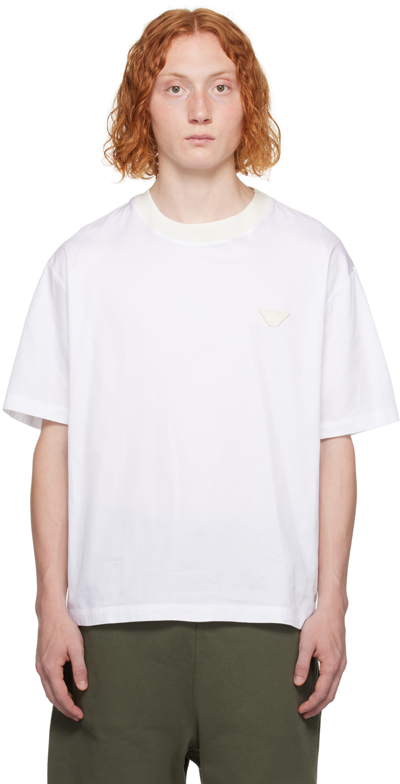Emporio Armani White Embroidered T-shirt In Bianco Latte