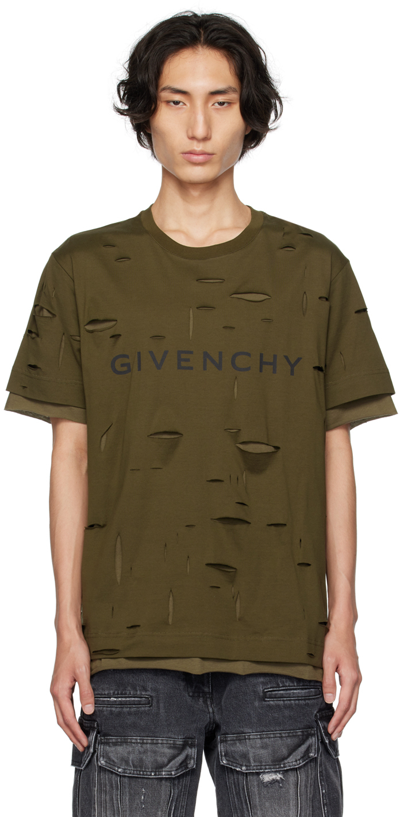 Givenchy Men's Oversized T-shirt In Cotton With Destroyed Effect In Khaki