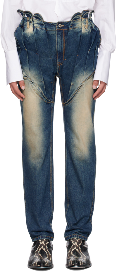 Juntae Kim Blue Gathered Corset Jeans In Washed Blue