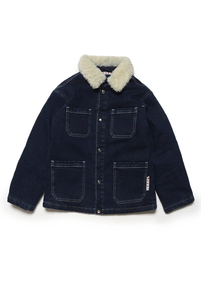 Marni Kids' Faux-fur Trim Denim Jacket In Blue