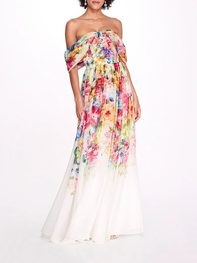 Marchesa Center Knot Chiffon Gown In Ivory Multi
