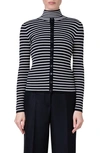 Akris Punto Stripe Virgin Wool Rib Cardigan In Black/ Cream