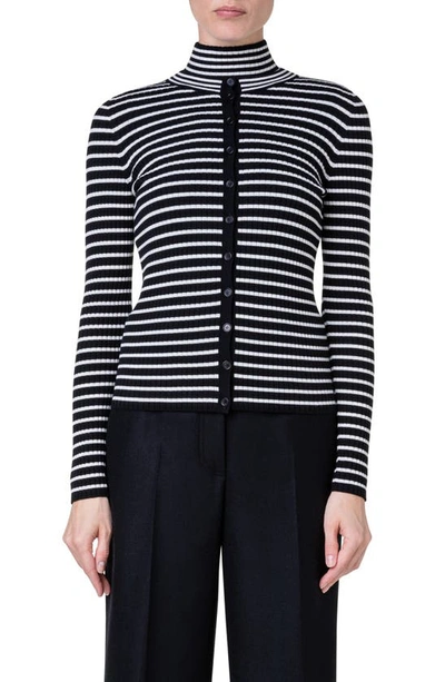 Akris Punto Stripe Virgin Wool Rib Cardigan In Black/ Cream