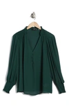 T Tahari Notched Neck Long Smocked Sleeve Ruffle Blouse In Evergreen