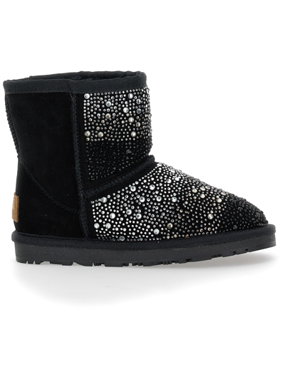 Monnalisa Crust Leather Boot With Rhinestones In Black