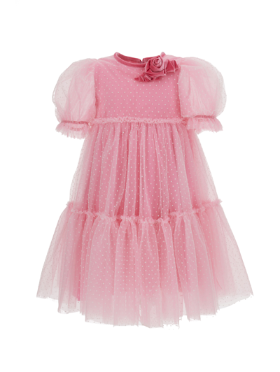 Monnalisa Tulle Dress With Velvet Details In Candy Pink + Cream