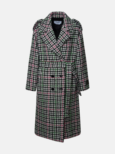 Msgm Plaid Wool Blend Long Coat In Multicolor