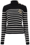 BALMAIN STRIPED SWEATER WITH LOGO PATCH