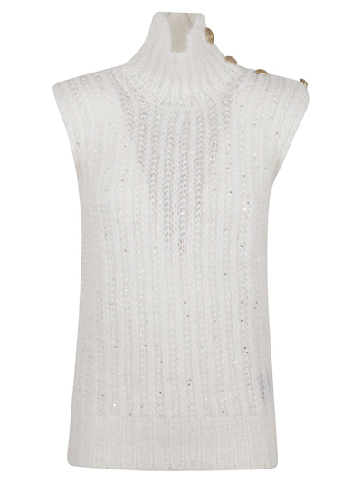 Balmain Sleeveless Sequin Embellished Knit Top In White