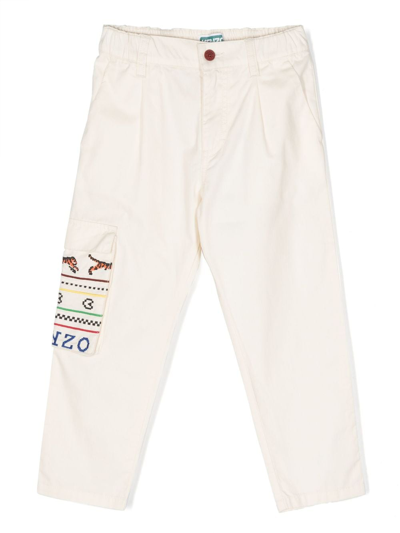 Kenzo Kids' Logo-embroidered Cotton Trousers In Neutrals