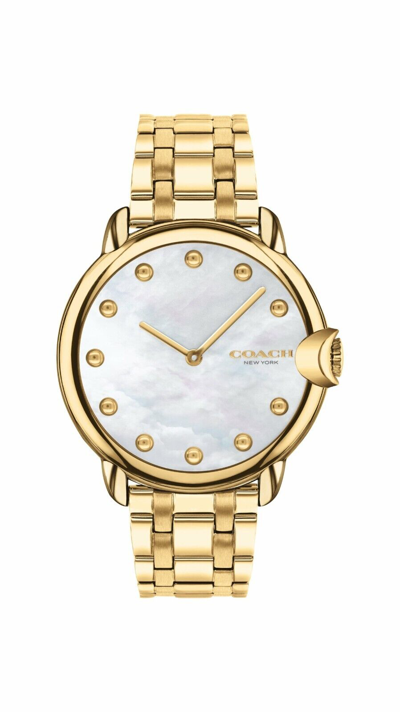 Pre-owned Coach 14503987 Mother Of Pearl Dial Gold Stainless Steel Bracelet Ladies Watch