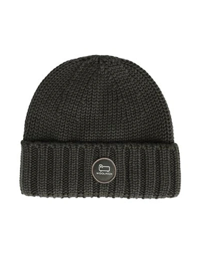 Woolrich Merino Wool Logo Beanie Hat Dark Green Size L Virgin Wool In Green