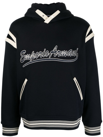 Emporio Armani Logo-embroidered Jersey Hoodie In Blue