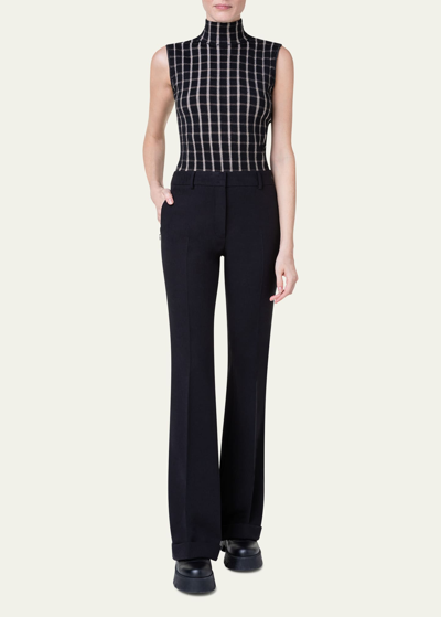 Akris Structured Check Jacquard Mock-neck Wool Top In Black Greige